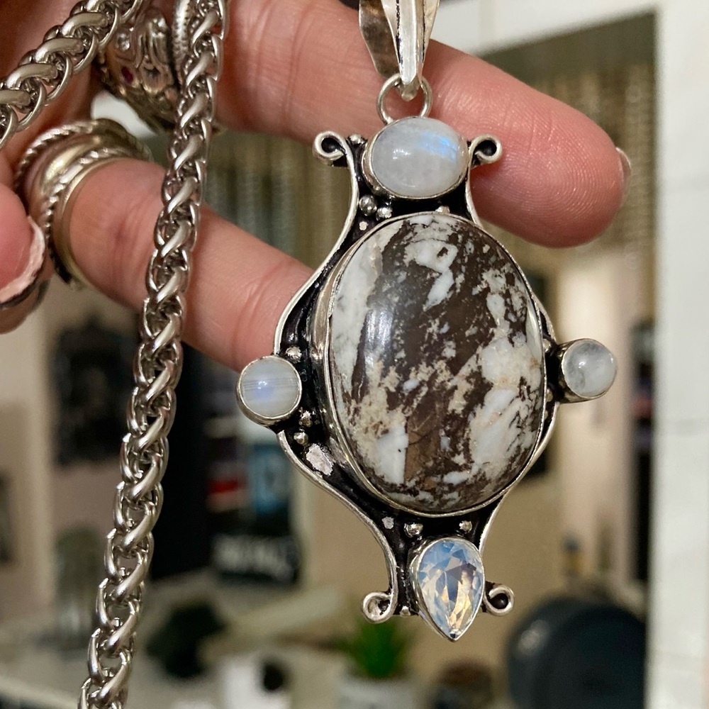 Genuine moonstone white & brown agate gemstones & opalite boho silver necklace - Picture 3 of 15